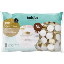 100 stuks Bolsius professional witte 8-uurs waxinelichtjes met goudkleurige cups in Horeca zak