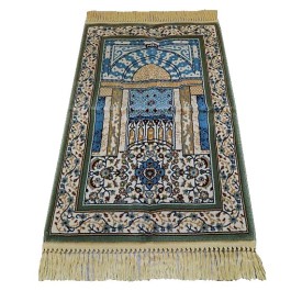 Mihrab van Nabawi moskee met olijfgroene rand 10 mm dikte premium gebedsmat