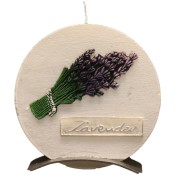 Witte lavendel provence ronde schijfkaars 150/145/12 op standaard (5 uur)